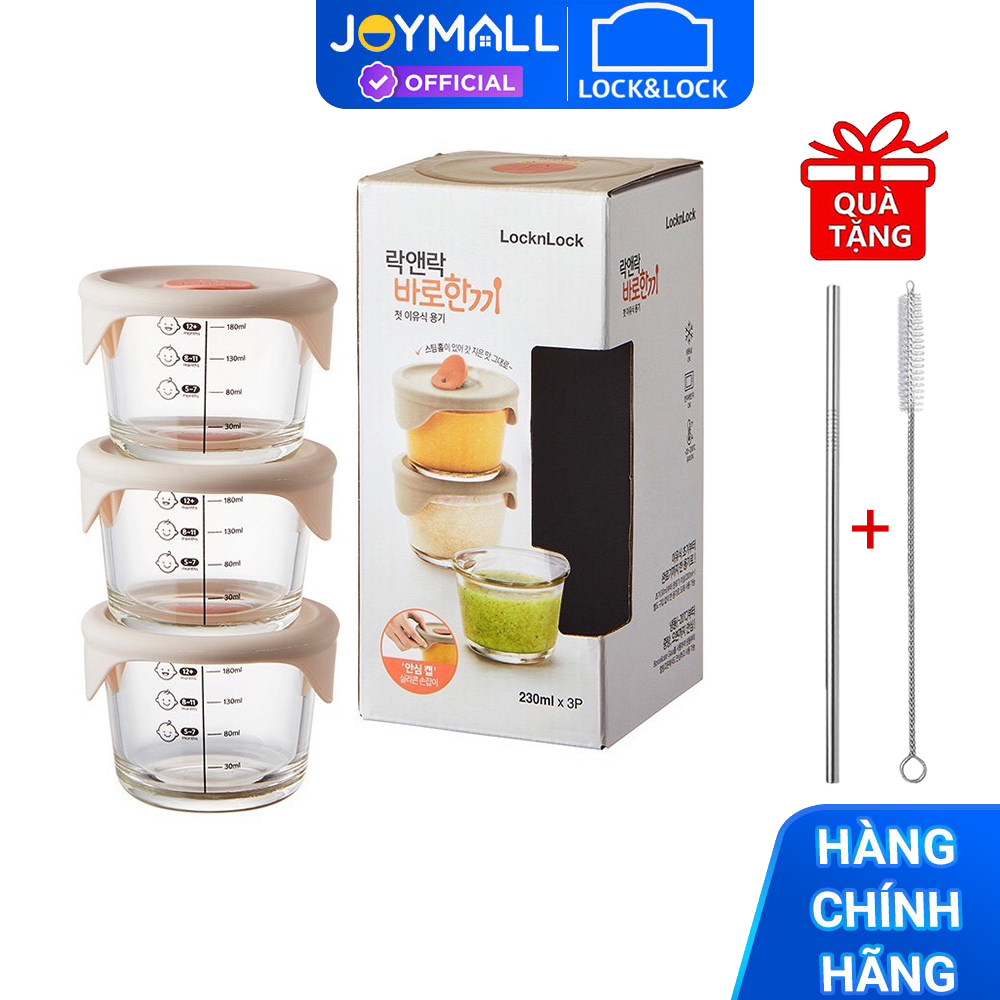 Hộp đựng thức ăn cho bé Lock&amp;Lock có vạch chia 230ml x 3 hộp LLG508S3 - Tặng Kèm Ống Hút Inox Và Cọ Rửa Ống Hút