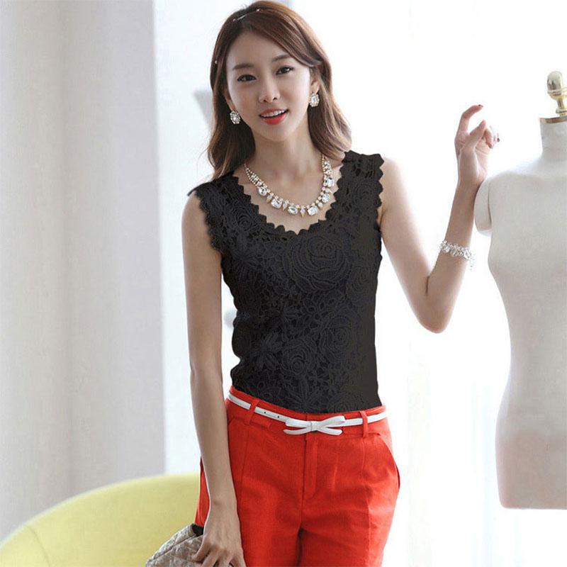 Women Summer Sleeveless Slim-Fit Lace Shirt Vest - Black Size XXXL