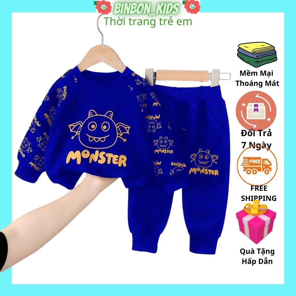 Bộ quần áo thu đông trẻ em in hình Monster dành cho bé trai và bé gái.bộ nỉ cho bé từ 7-17kg BINBON KIDS