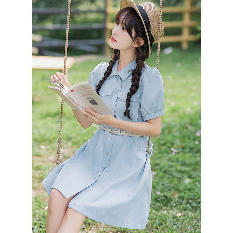 CHENGRUI Tặng thắt lưng, váy ngắn tay, váy ngắn tay, váy mùa hè, váy thắt lưng.