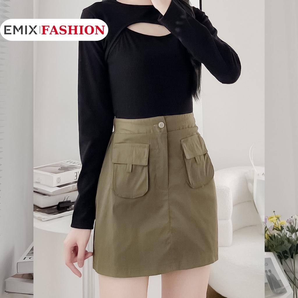 Chân váy chữ A EMIX, chất kaki, thô, lưng cao, có túi hộp, cạp cao 1950