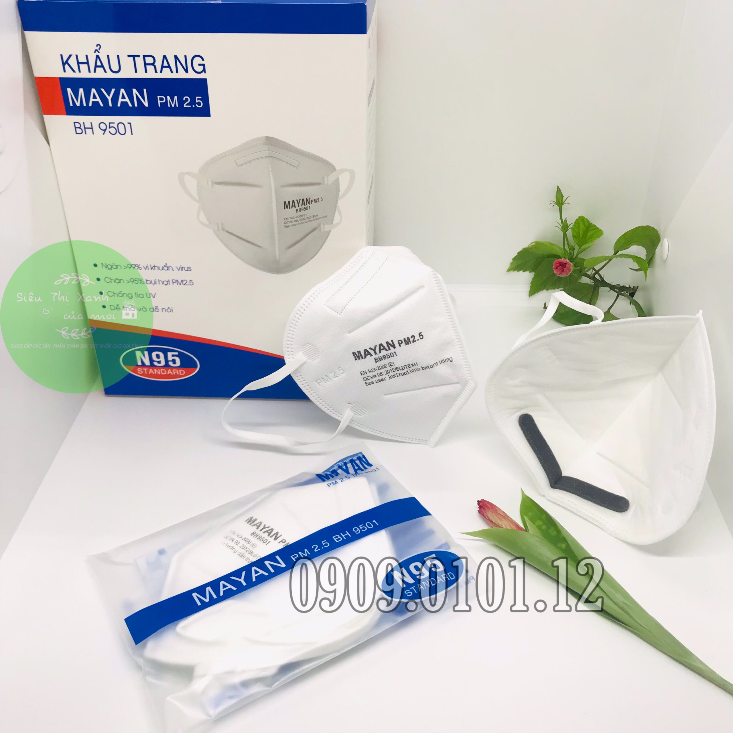 Khẩu Trang N95 Đệm Mũi Cao Cấp Mayan BH9501 pm 2.5 kháng khuẩn lọc than hoạt tính