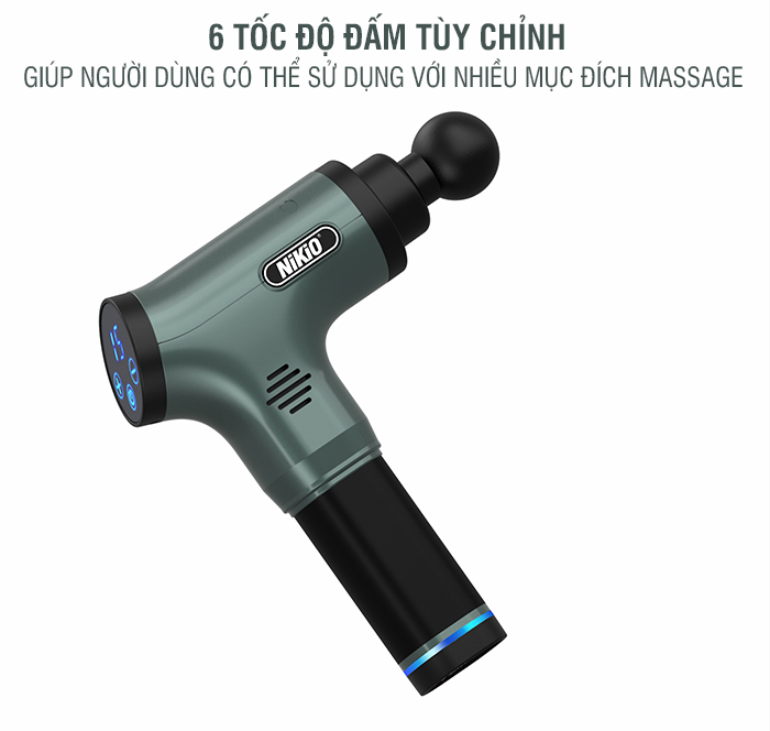 Máy (Súng) Massage Cầm Tay Nikio NK-172 - Kỹ Thuật Mát Xa Bộ Gõ Tân Tiến, Công Suất Cực Mạnh 110W, Tác Động Cực Sâu Vào Cơ Bắp, 6 Đầu Và 6 Tốc Độ Mát Xa Giảm Căng Cứng Và Đau Nhức Cơ Nhanh - Pin Khủng 2500 mAh, Sạc Chạm Thông Minh