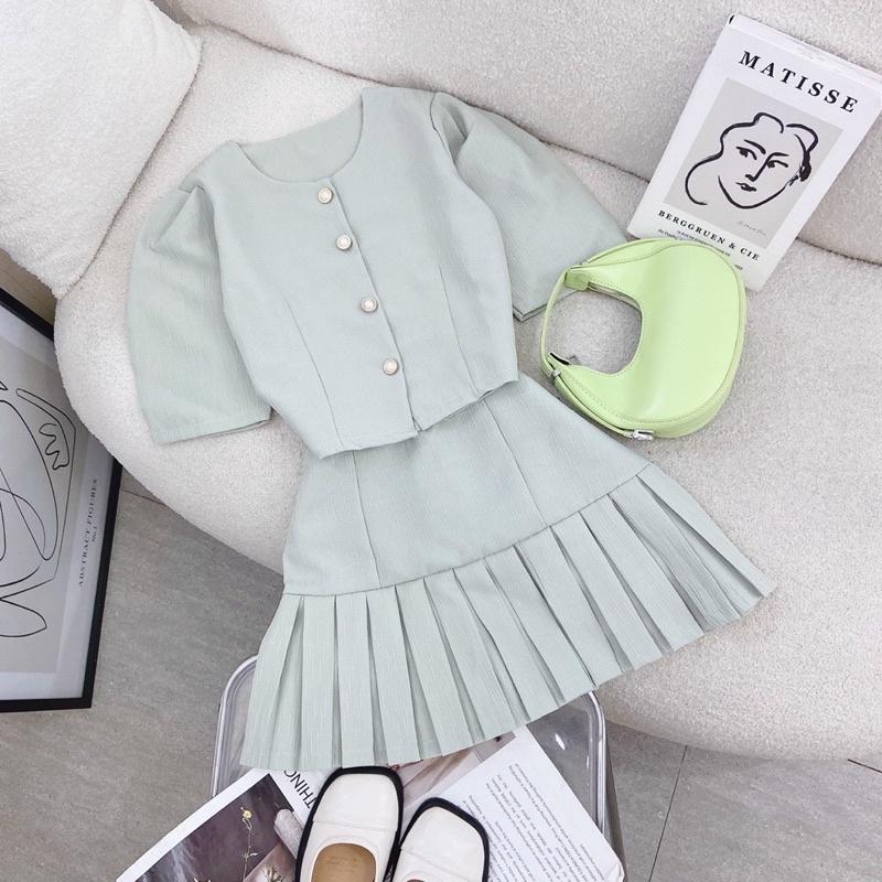 Set áo dạ tay phồng chân váy xếp ly xanh