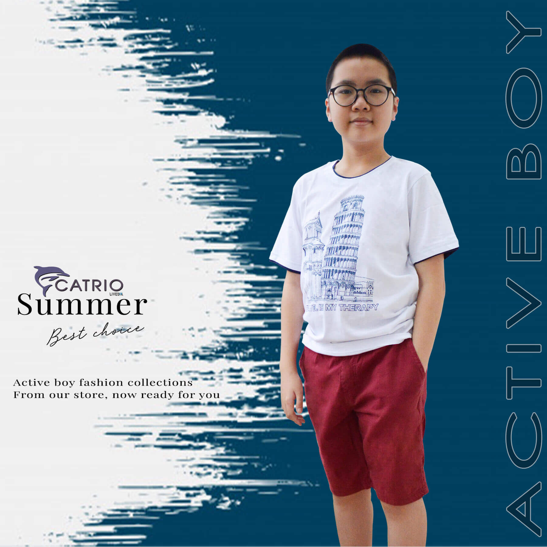 ÁO BÉ TRAI NGẮN TAY CATRIO là áo thun trẻ em, áo phông bé trai từ 9 tuổi đến 12 tuổi vải 100% cotton an toàn in Tháp nghiêng thuộc BST quần áo trẻ em mùa hè CATRIO màu TRẮNG
