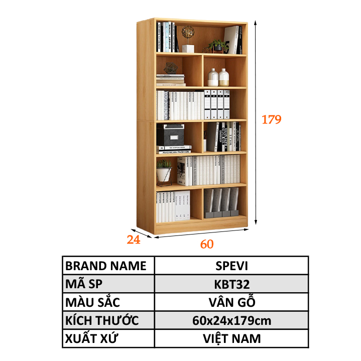 Kệ Sách Gỗ Để Sàn Đẹp FIVO Mã FB70 Chất Liệu Gỗ MDF Hàng Cao Cấp, Thiết Kế Nhỏ Gọn Vô Cùng Thanh Lịch, Kèm Tấm Lưng  (Kích thước 60x24x178cm)