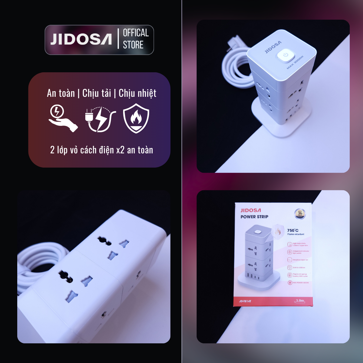Ổ cắm điện tháp vuông đa năng thông minh JIDOSA JDT814T 8 Ổ cắm tải 3000W USB - Type C dây dài 3m