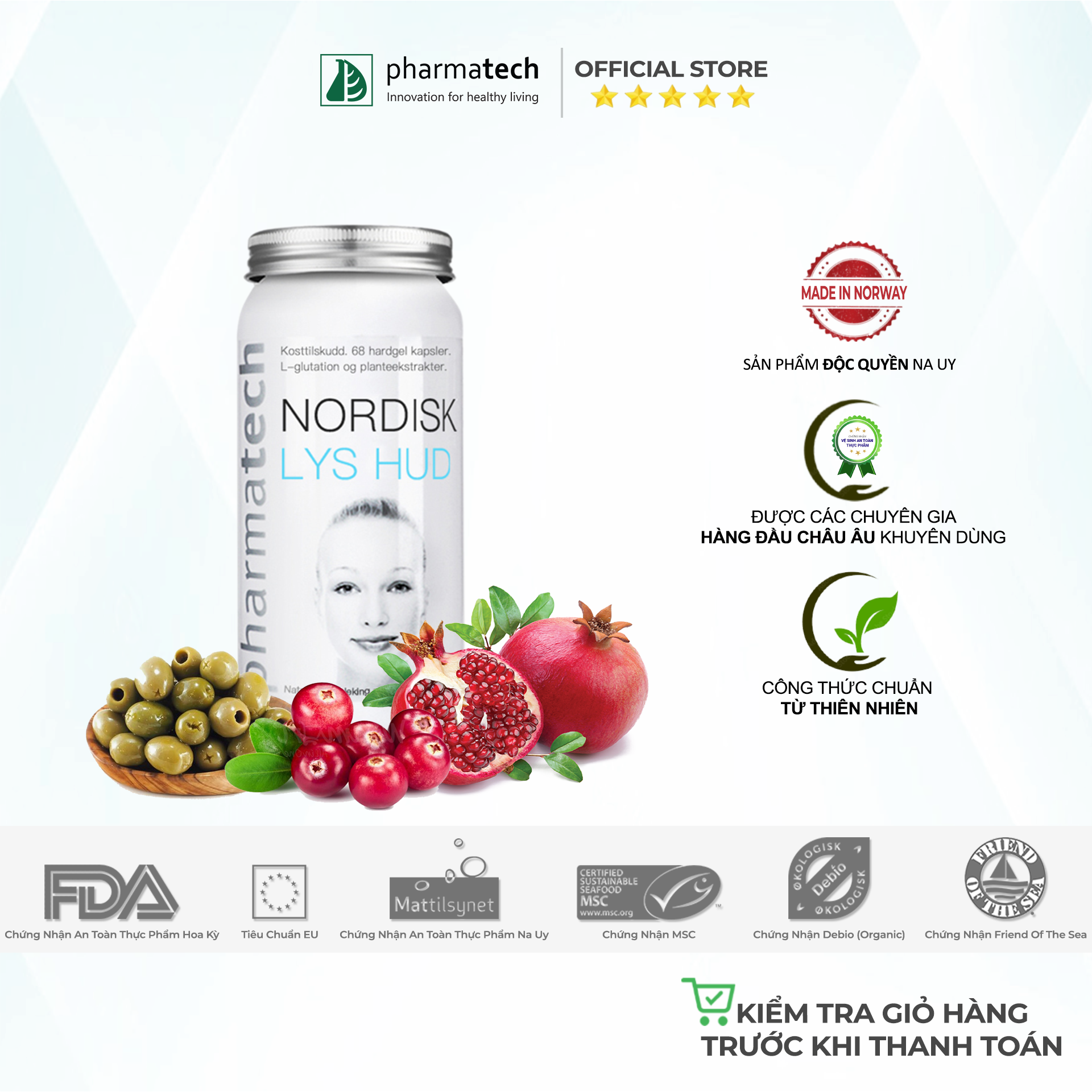 Viên Nang Hỗ Trợ Làm Trắng, Bảo Vệ Làn Da Pharmatech Nordisk Lys Hud Lọ 68 Viên