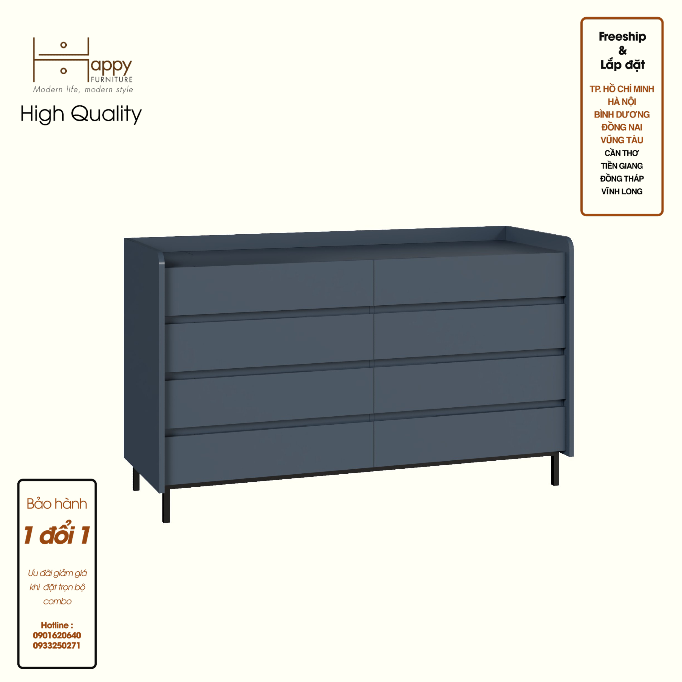 [Happy Home Furniture] LAVIA, Tủ lưu trữ 8 ngăn kéo - Chân sắt, 140cm x 45cm x 82cm ( DxRxC), THK_156