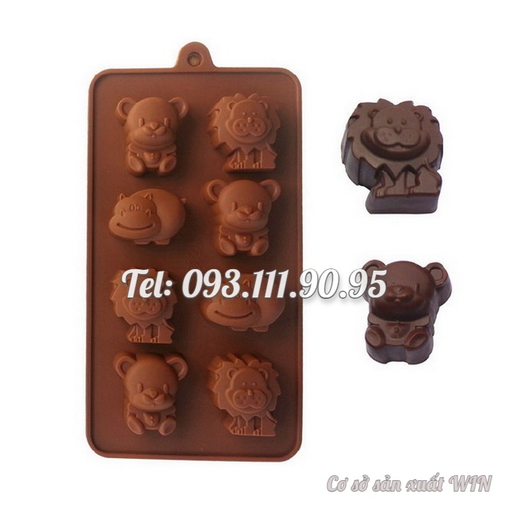Khuôn silicon làm bánh, rau câu, socola 8 con hà mã, sư tử, gấu – Mã số 1435