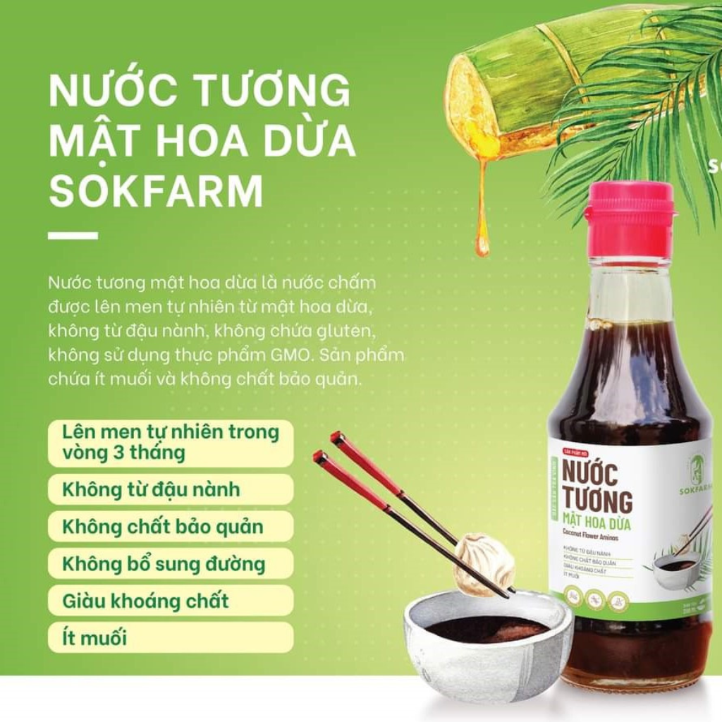 Nước tương mật hoa dừa Sokfarm - Nước tương ăn dặm cho bé với hàm lượng muối thấp, khoáng chất cao, không gluten, không đường và không chất bảo quản