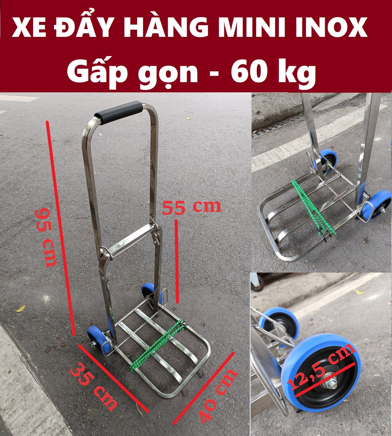 Xe đẩy hàng inox mini 2 bánh xếp gọn tải 60kg