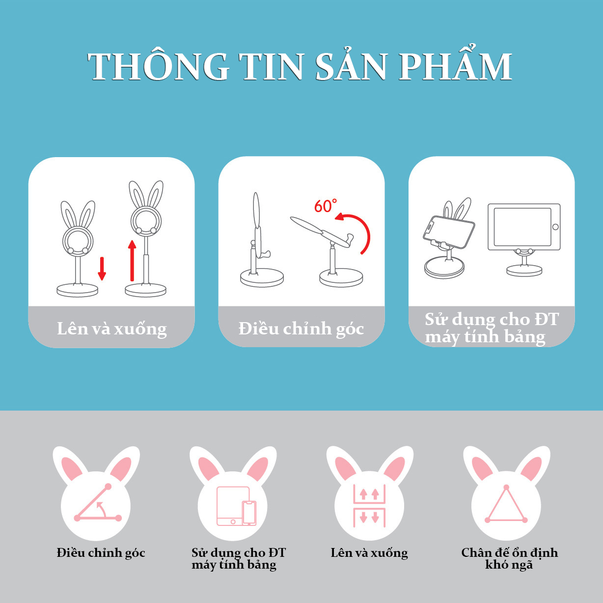 Hình ảnh Gía Đở Điện Thoại, Máy Tính Bảng Hình Thỏ Dễ  Thương , Có Thể Điều Chỉnh Nâng Và Thu Nhỏ , Có Đáy Silicone Chống Trượt Cao Cấp - Hàng Chính Hãng Teement