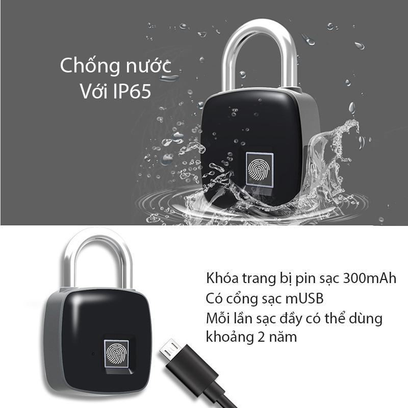 Ổ khóa vân tay thông minh P3 cho nhà cửa, vali, hòm tủ dùng pin sạc