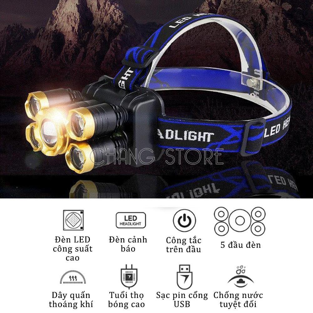 Đèn Pin Đội Đầu Đeo Trán 5 Bóng T6 Siêu Sáng Kèm Pin Sạc gọn gàng thuận tiện