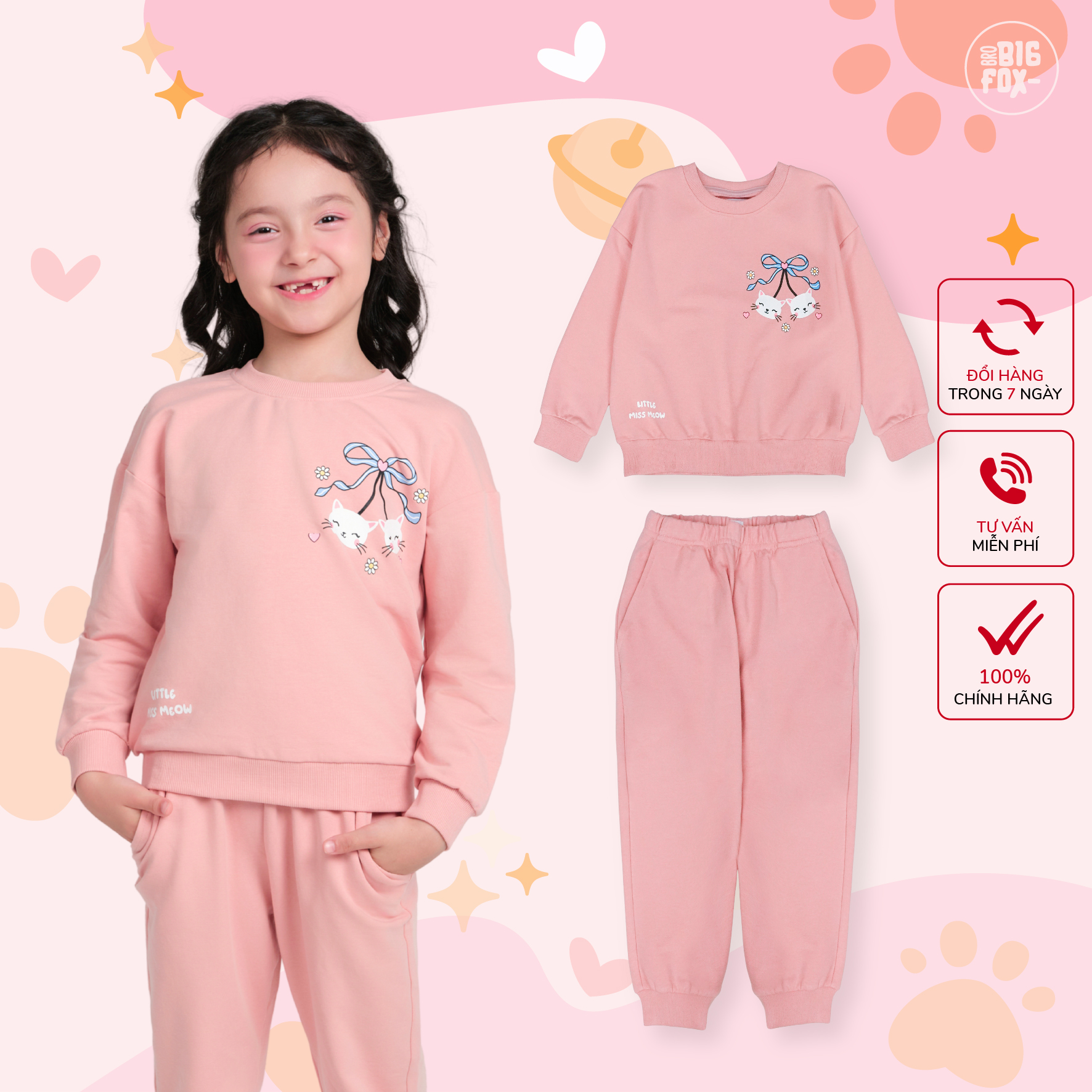 Bộ đồ thu đông cho bé gái Bigfox Miss meow size đại áo nỉ dài tay quần jogger cỡ trẻ em 3-11 tuổi
