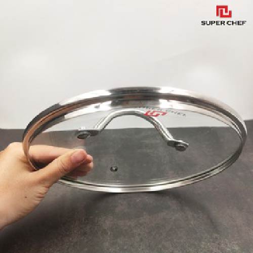 Nắp Nồi Chảo Kính Cường Lực Vành Inox Tròn Super Chef có 5 size là 16 - 18 - 20 - 24 -26cm