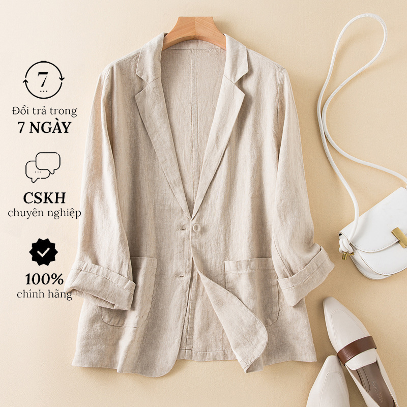 Áo vest blazer Linen nữ dáng lửng tay lỡ túi hộp, thời trang phong cách trẻ, chất liệu linen tự nhiên (màu kem) Đũi Việt DV03