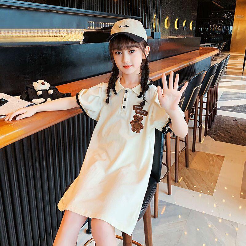 CHENGRUI Cô gái ăn mặc mùa hè váy tây thời trang trẻ em váy mùa hè cô gái nhỏ váy trung bình cô gái lớn polo váy lưới đỏ