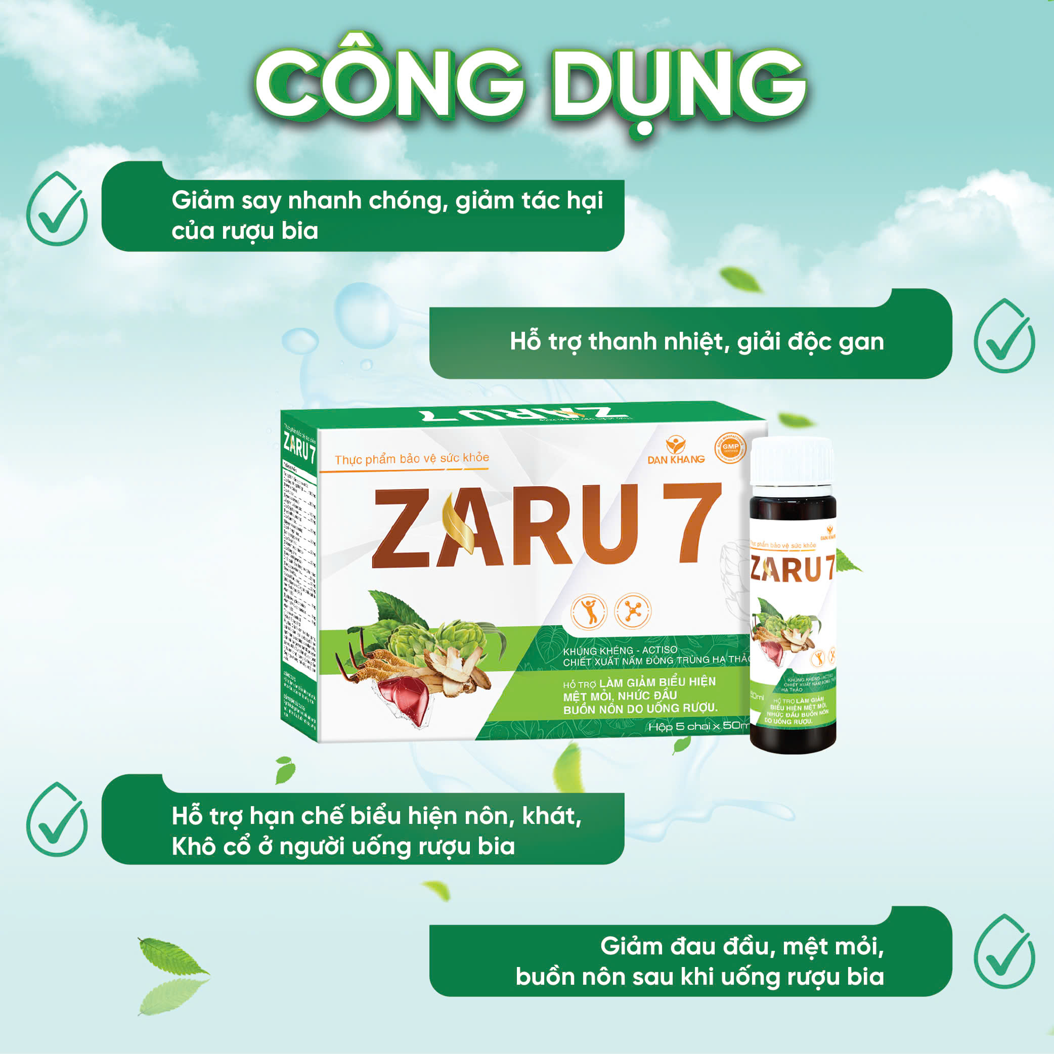 Nước Giải Rượu ZARU 7 Thanh Nhiệt Mát Gan Hỗ Trợ Giảm Mệt Mỏi, Nhức Đầu, Buồn Nôn Do Rượu Bia Hộp 5 Chai