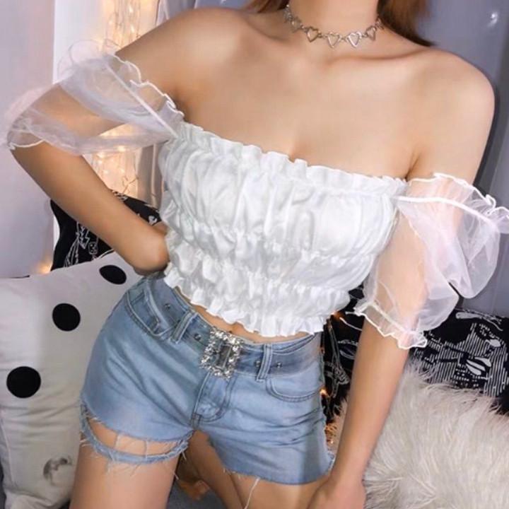 Áo croptop nhún thun voan kiếng