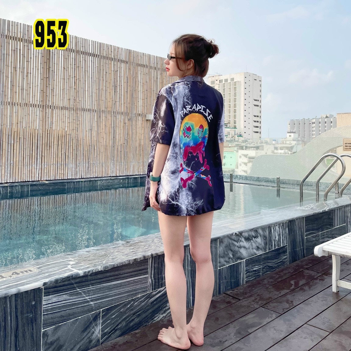 Áo sơ mi nữ form rộng ngắn tay thời trang họa tiết loang màu nổi bật cá tính chất lụa mềm mát mịn