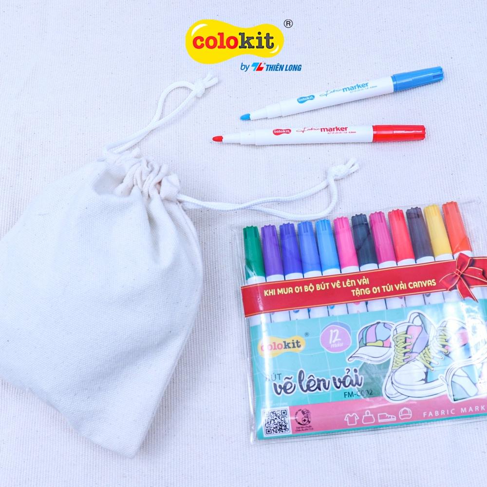 Bút vẽ lên vải 12 màu Fabric Marker Thiên Long Colokit FM-C002 - Tặng kèm túi vải Canvas