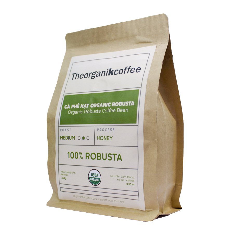 Cà phê Robusta hữu cơ rang mộc - dạng hạt 250g