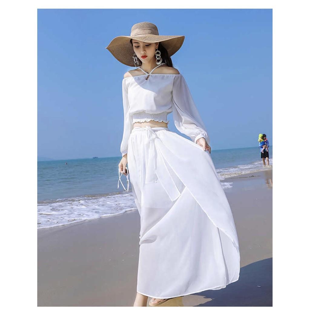 Đầm maxi  trắng tay dài nhấn chun cách điêu