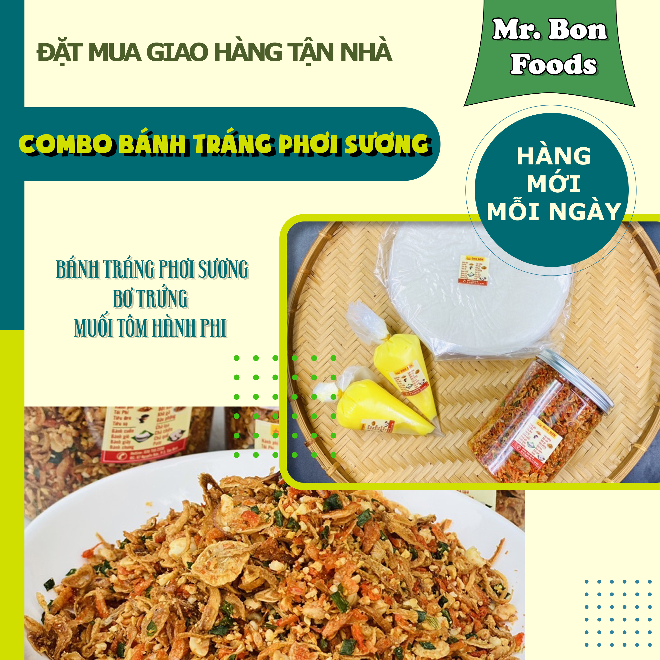 Combo Bánh Tráng Phơi Sương 500g - 250g Muối Tôm Hành Tỏi - 200g Bơ Trứng Vàng