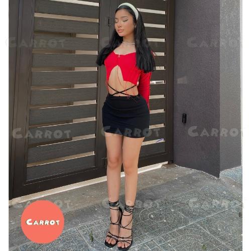 Aó croptop tay dài đỏ chân váy đen basic ôm eo cột dây tôn dáng trendy thời trang nữ carrotxindep