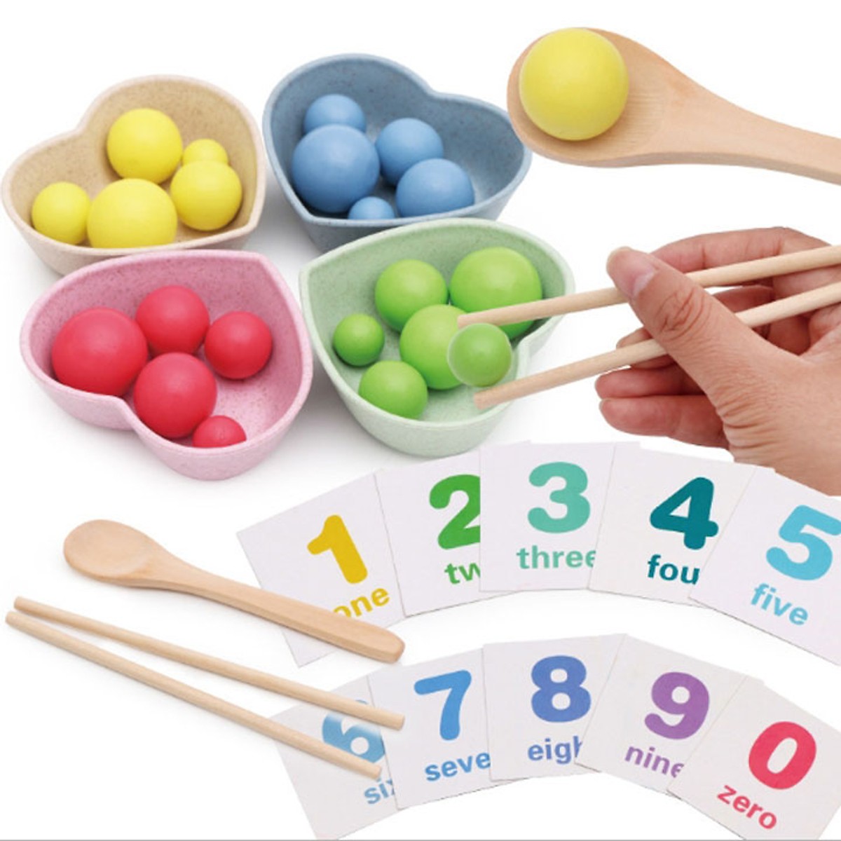 Bộ giáo cụ Montessori thực hành tập gắp bi gỗ