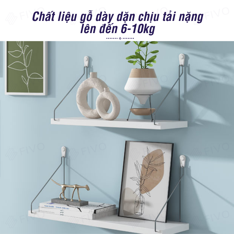 Kệ Gỗ Treo Tường Trang Trí Decord Thương Hiệu FIVO FB40 Không Cần Khoan Với Móc Treo Inox Dễ Dàng Gắn Lên Tường (Màu Trắng, Đen) - Hàng Chính Hãng