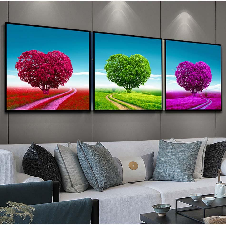 Bộ 3 tranh canvas treo tường Decor Con đường cây trái tim lãng mạn- DC097