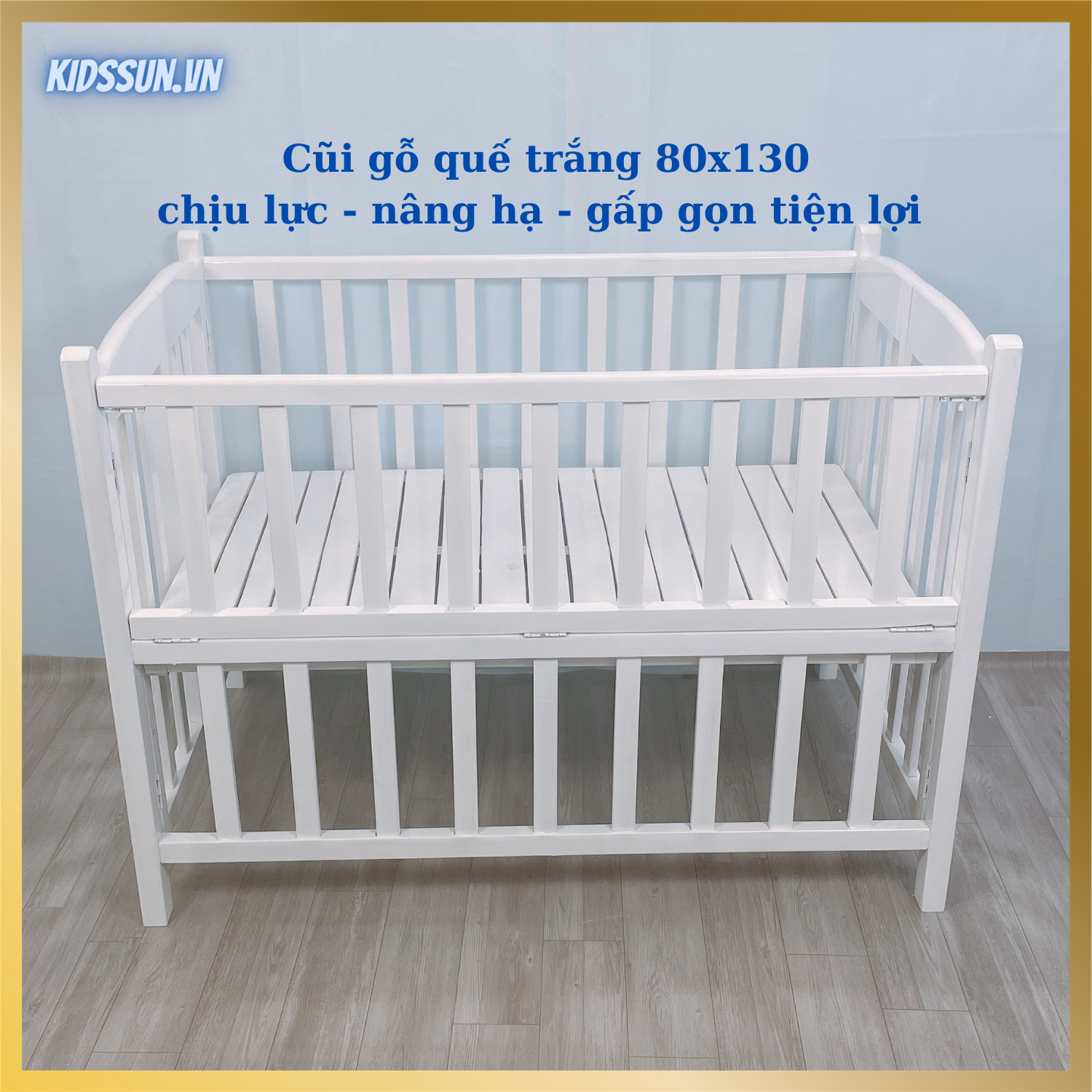Giường Cũi - Nôi Cũi Cho Bé Từ Sơ Sinh Đến 4-5 Tuổi - Chất Liệu Gỗ Quế Màu Trắng - Kích Thước 80x130x86