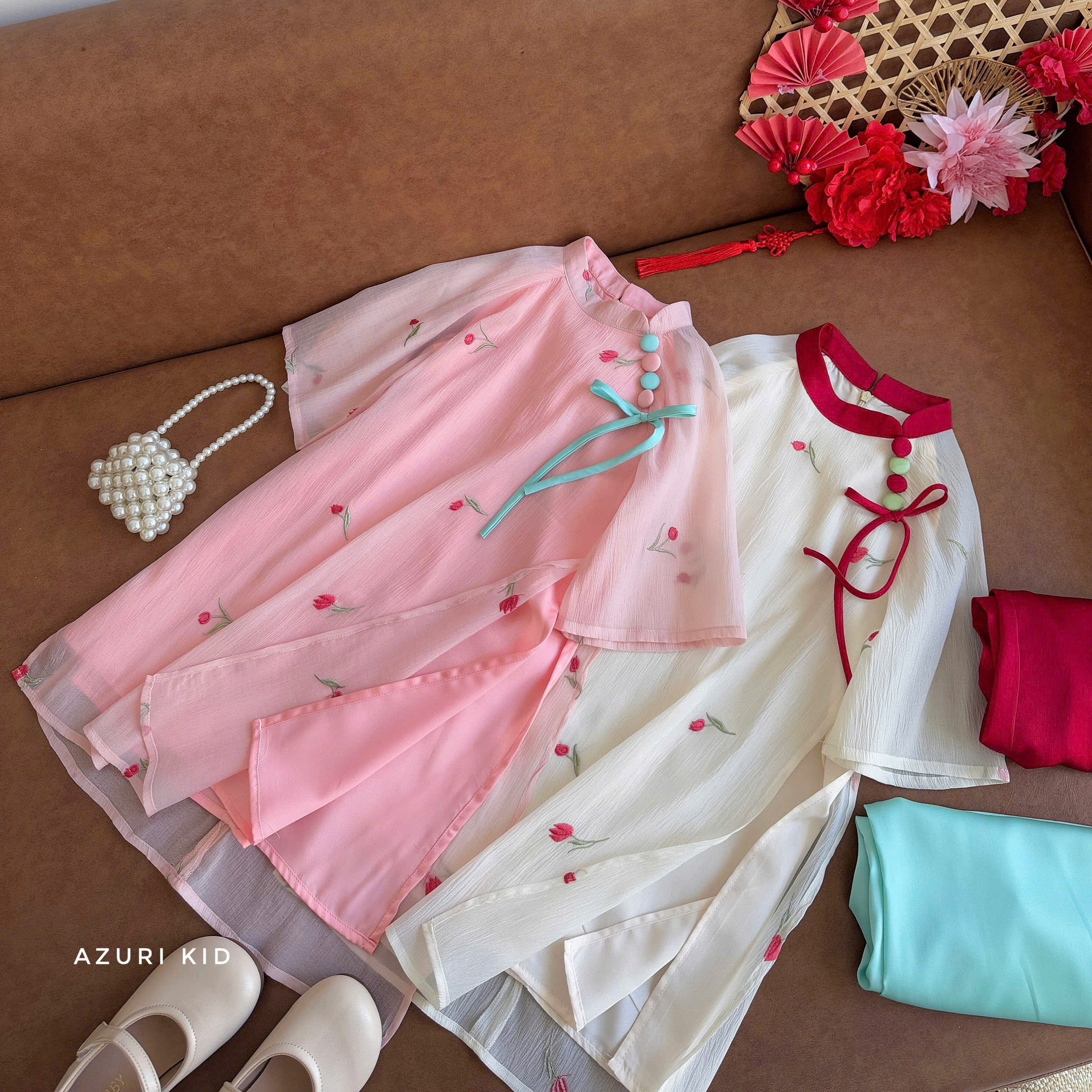 Bộ áo dài tết cho bé gái mẫu Hoa mùa xuân xinh xắn từ 12-45kg hàng thiết kế cao cấp