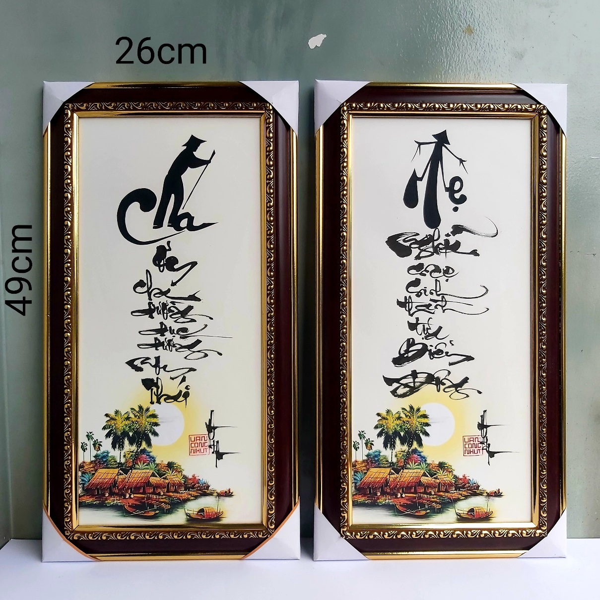 Cặp Tranh thư pháp cha mẹ 26cm x 49cm, khung kính đầy đủ. Quà tặng ông bà, bố mẹ.