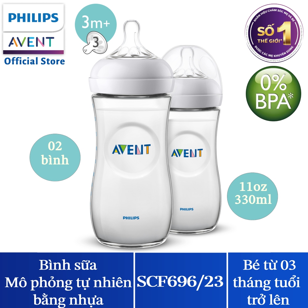 Bộ 2 bình sữa Mô phỏng tự nhiên bằng nhựa Philips Avent cho trẻ từ 6 tháng 330ml (SCF696/23)