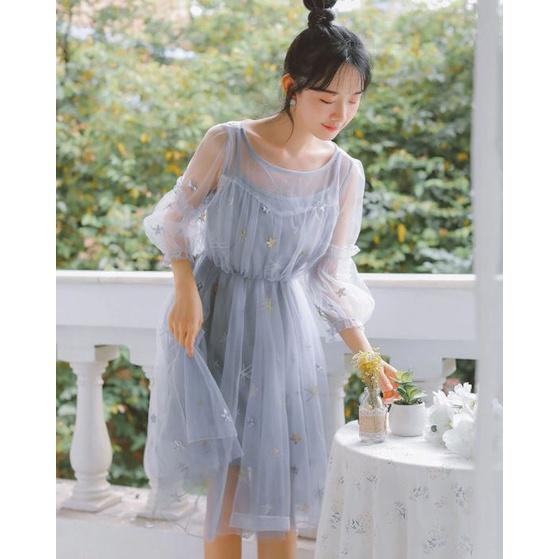 Đầm Ulzzang tiểu thư đính sao phong cách Hàn Quốc