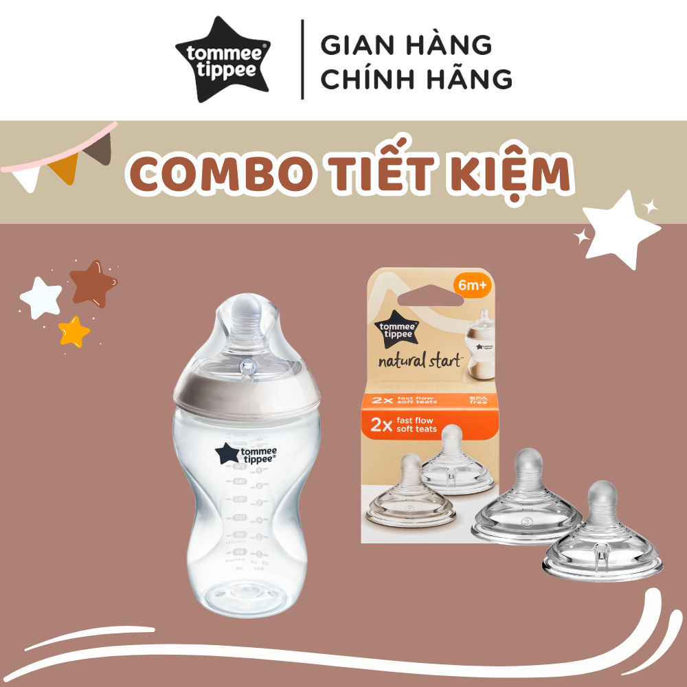 COMBO Bình Sữa Ty Siêu Mềm Tự Nhiên Tommee Tippee Natural Start 340ml & Núm Ty Silicon Thay Thế 6M+