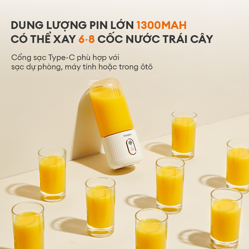 Máy xay sinh tố cầm tay mini Gaabor FP03T-WH01A 350ml công suất 50W ly xay nhỏ gọn tiện lợi tích điện cổng sạc USB - Hàng chính hãng