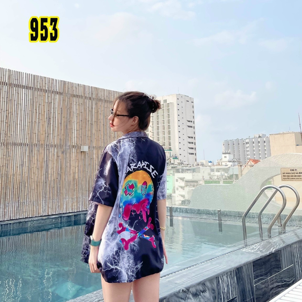 Áo sơ mi nữ form rộng ngắn tay thời trang họa tiết loang màu nổi bật cá tính chất lụa mềm mát mịn