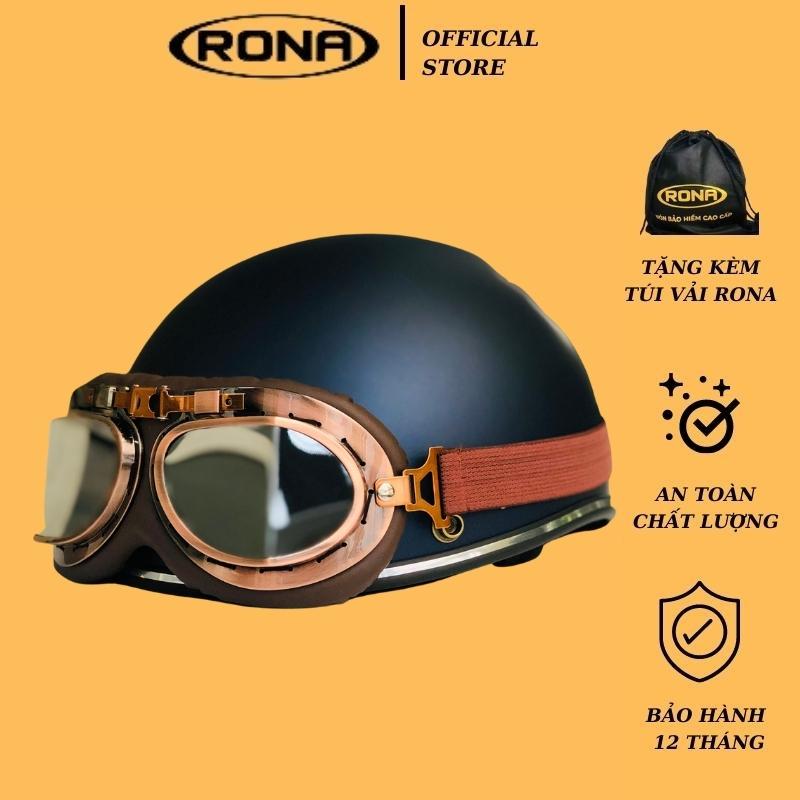 Mũ Bảo Hiểm Xe May 12 Rona Haly Viền Bạc Kèm Kính Phi Công Viên Đông Cao Cấp Chính Hãng - Xanh Mực Mờ