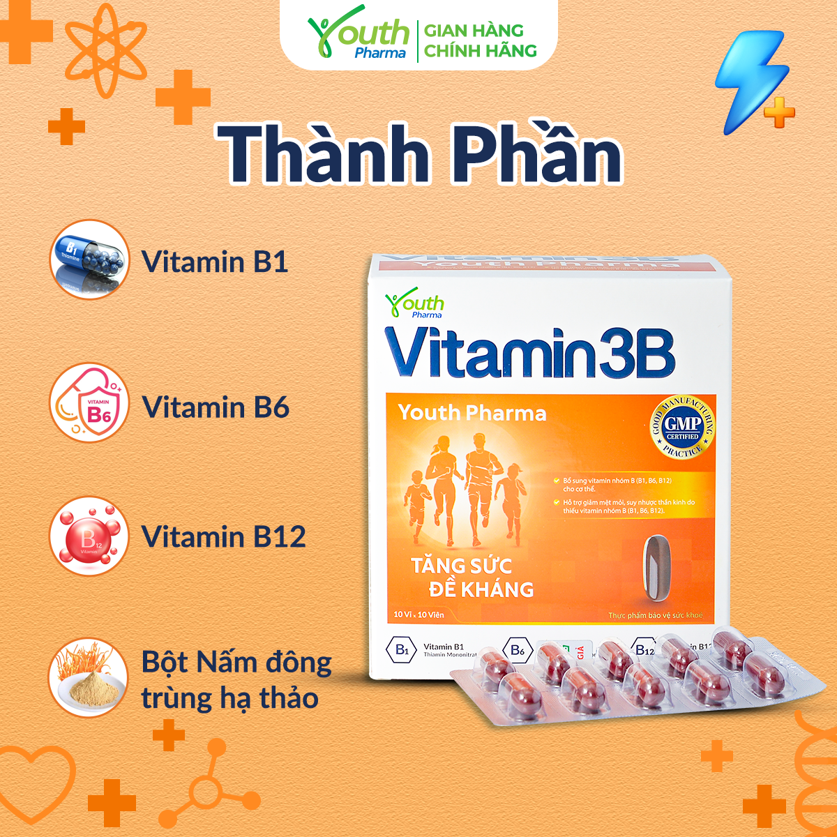 Viên Uống Vitamin 3B Youth Pharma Bổ Sung Vitamin Nhóm B (B1, B6, B12) - Hộp 100 Viên