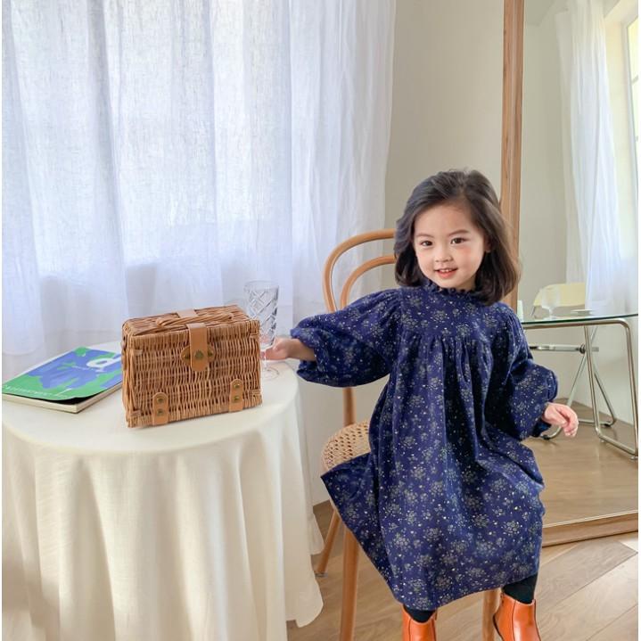 Đầm baby doll tay áo phồng hoa xanh cho bé D384