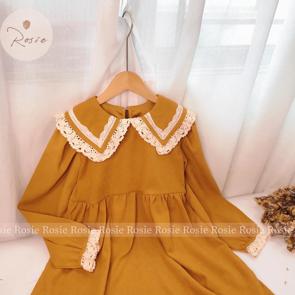 Váy nhung vàng tây cổ ren ROLIA chất nhung dày đặn diện tết cho bé từ 9-45kg V88