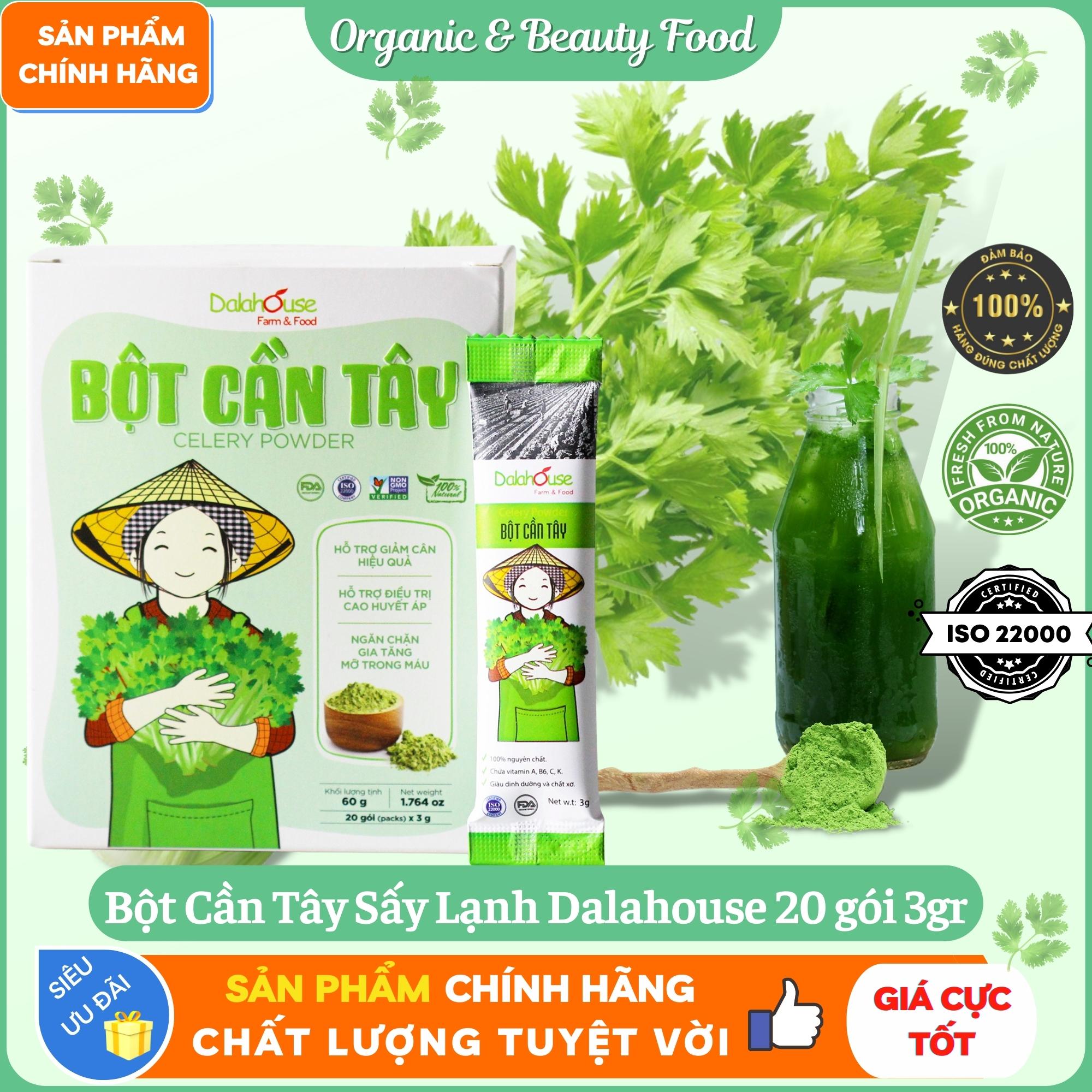 Bột Cần Tây Hữu Cơ Nguyên Chất Sấy Lạnh Dalahouse - Hộp 20 gói 3gr - Hỗ trợ giảm cân, cao huyết áp, ngăn chặn gia tăng mỡ trong máu - Da sáng, Dáng thon, Thanh lọc cơ thể.