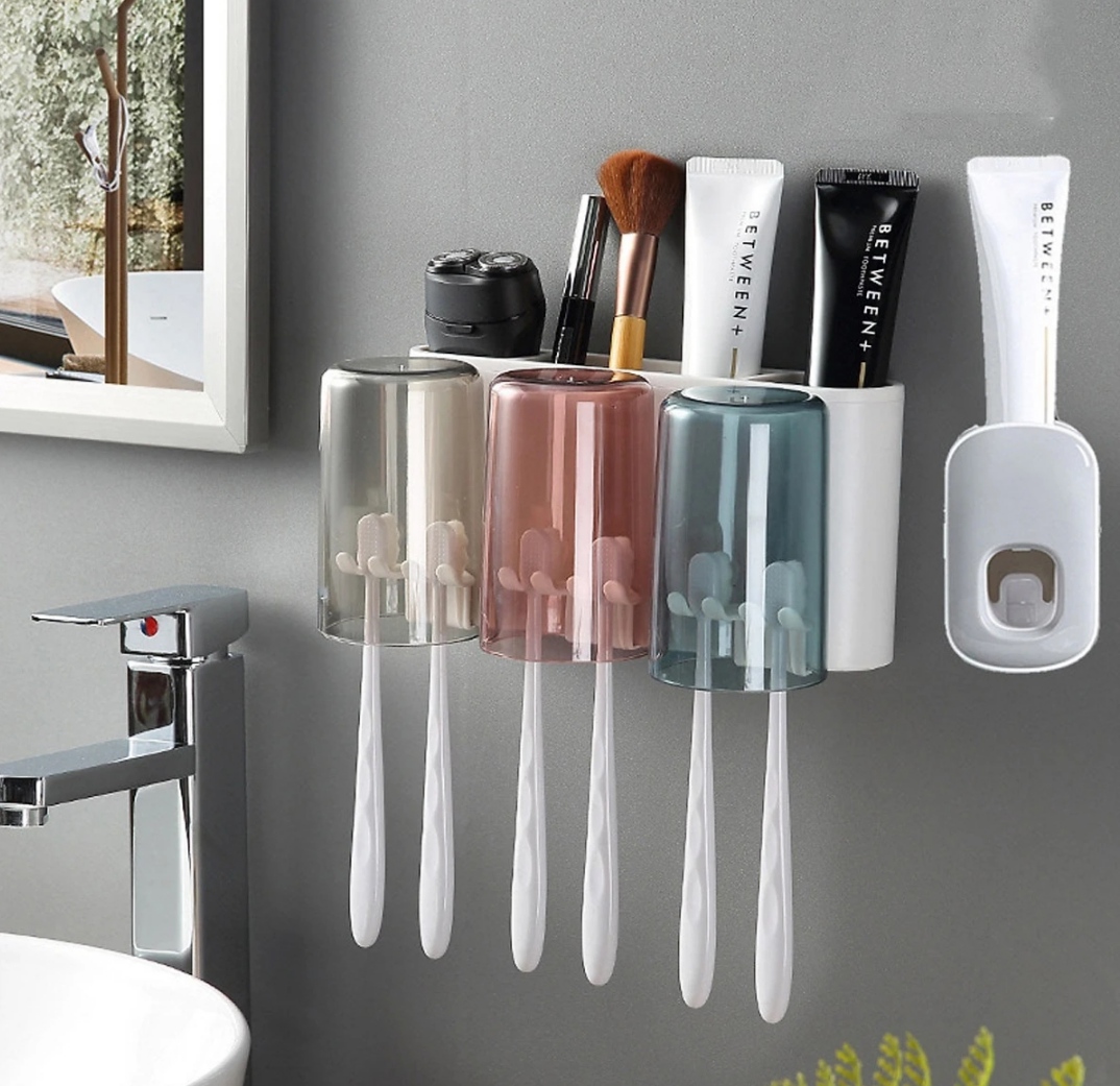 Bộ dụng cụ nhả kem đánh răng tự động 03 cốc và giá treo bàn chải đa năng PHT SUS-ECOCO-E1922-chất liệu ABS cao cấp