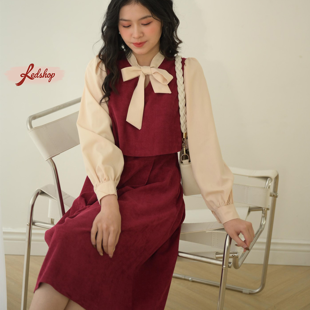 Váy tiểu thư cổ thắt nơ phong cách Hàn Quốc Red Shop 29302