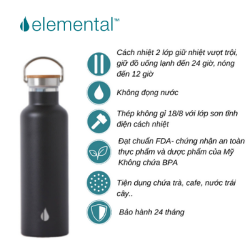 BÌNH GIỮ NHIỆT ELEMENTAL MÀU ĐEN (750ML), BÌNH NHẬP KHẨU MỸ, ĐẠT CHUẨN FDA HOA KỲ, THÉP 304 KHÔNG GỈ, GIỮ NÓNG LẠNH